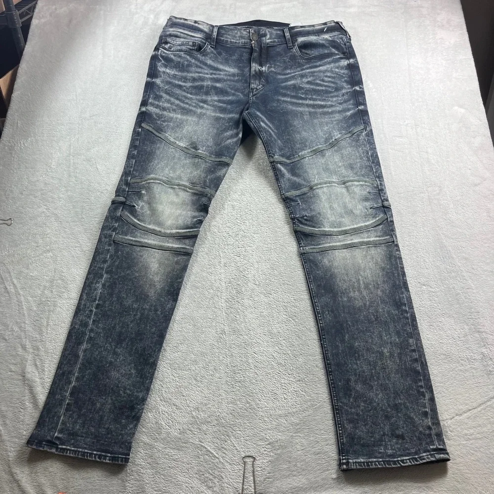 True Religion Geno‎ Relaxed Slim Moto Jeans Acid Wash Blue Mens 38 Stretch Denim
